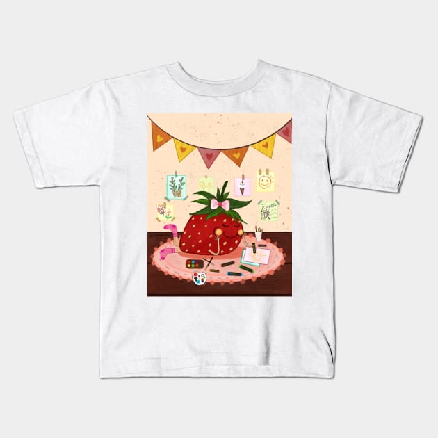 Strawberry artist girl Kids T-Shirt by SanMade